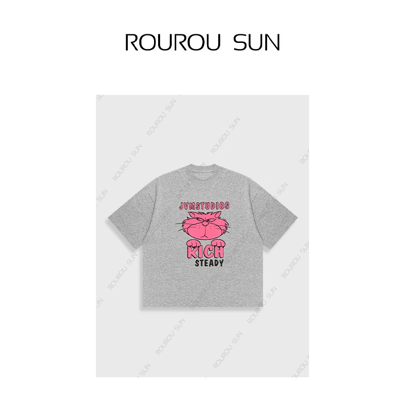 26553圆领宽松潮牌减龄个性猫咪字母印花短袖t恤女