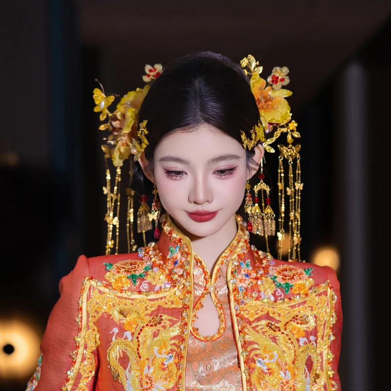 合金婚庆饰品 金色秀禾服头饰新娘新中式浅色簪子龙凤褂发饰D0617