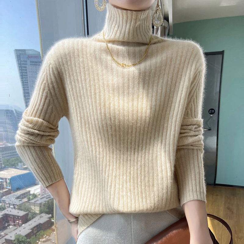 百搭显瘦～重磅加厚一线成衣100羊毛衫 高领抽条显瘦保暖针织毛衣