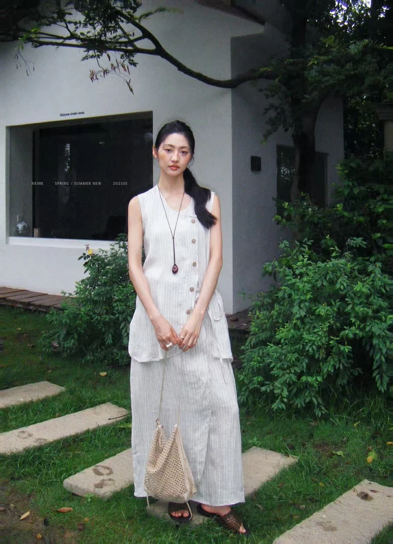 鑫燃KIKI 100亚麻时尚小众条纹半身裙 252710 NH