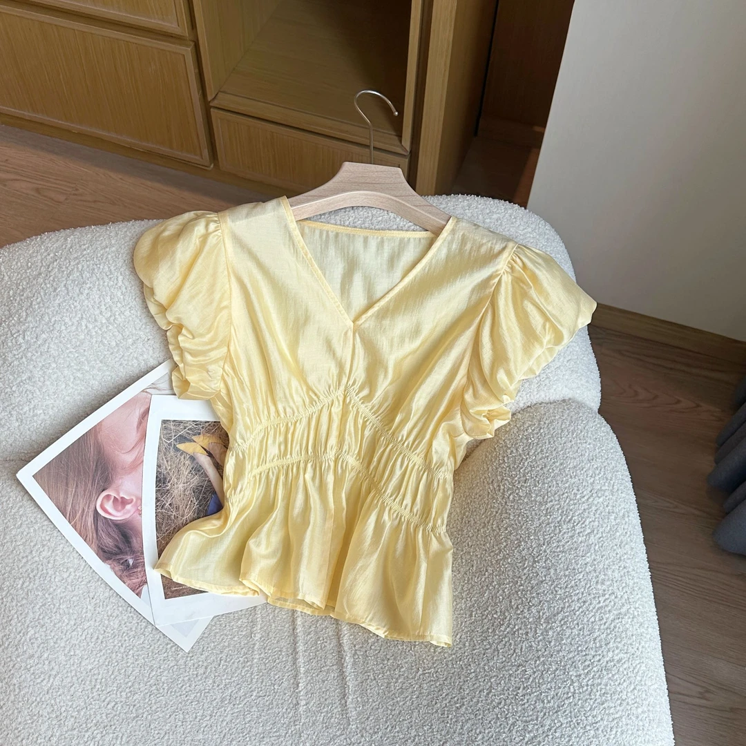 【婷婷推荐】25119 夏季韩版纯色褶皱收腰V领小衫上衣百搭时尚减龄