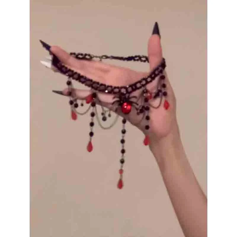 合金项链 万圣节猩红蜘蛛流苏choker项链女哥特风拍照氛围颈链