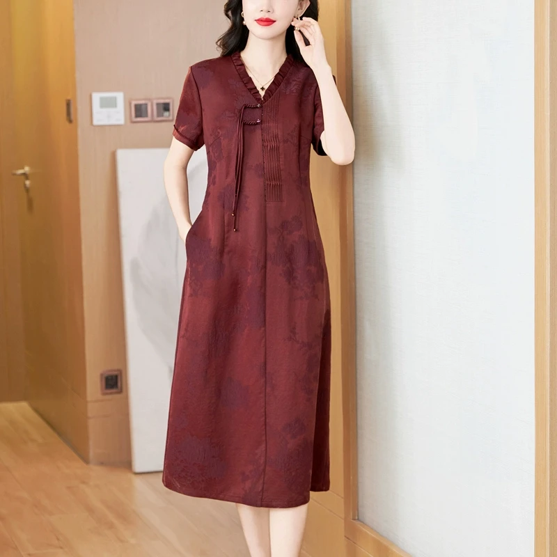 2025正品香云纱大码连衣裙妈妈礼服平时可穿新中式国风桑蚕丝真丝