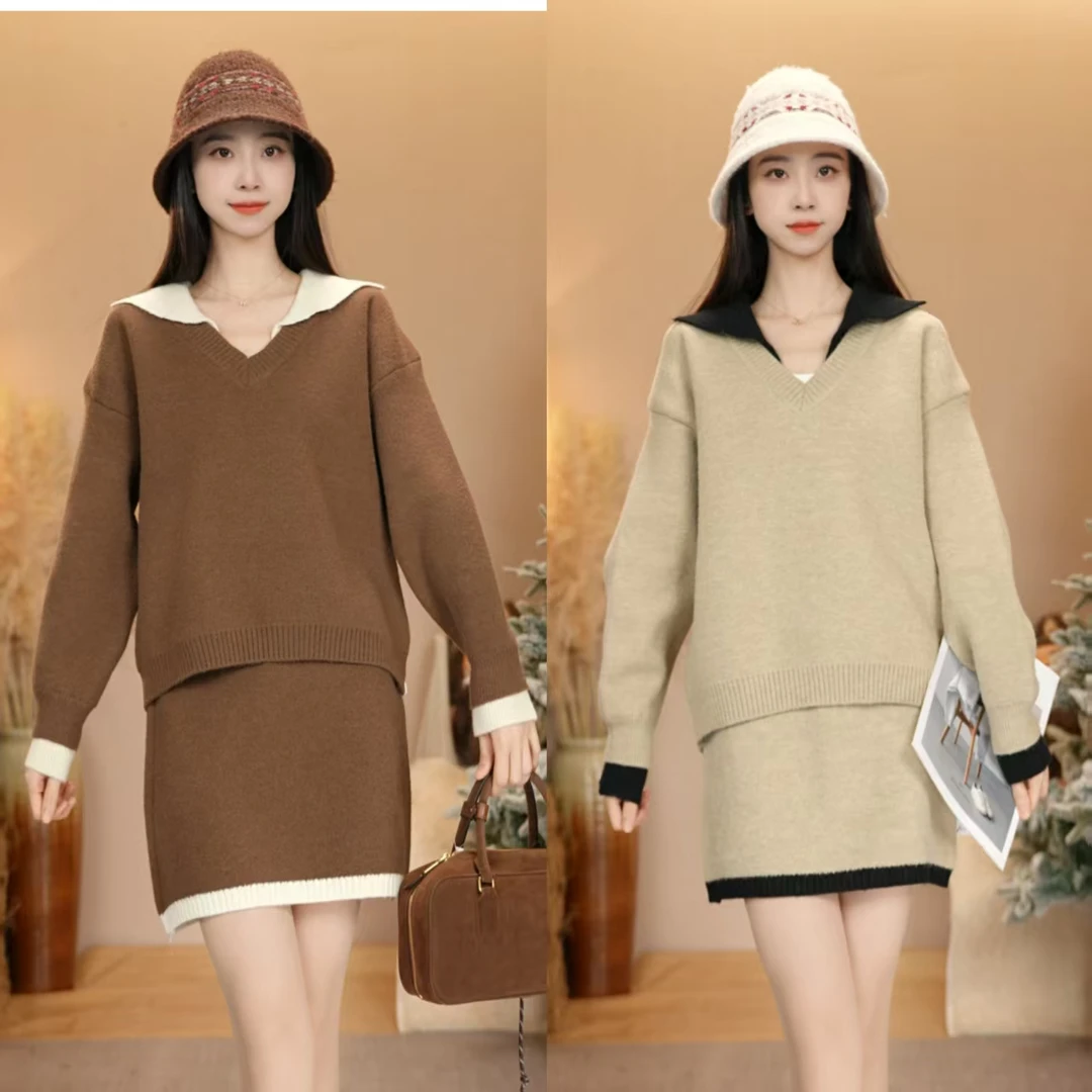 唐乐乐｜25new新款系列V领宽松针织套头上衣+半身裙套装 BF2624