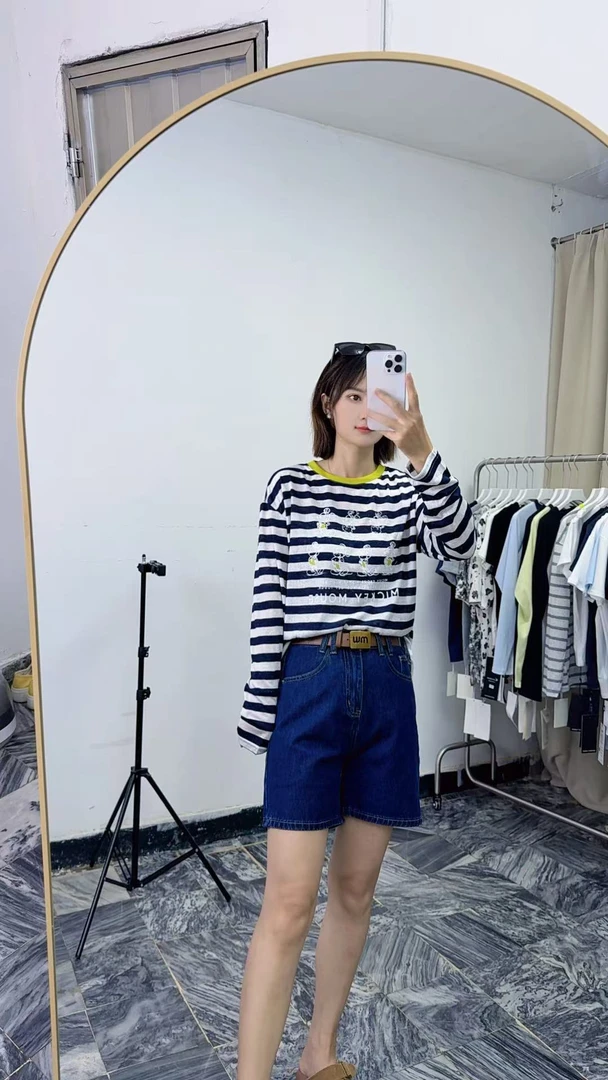 休闲百搭时尚款圆领字母印花条纹长袖女夏