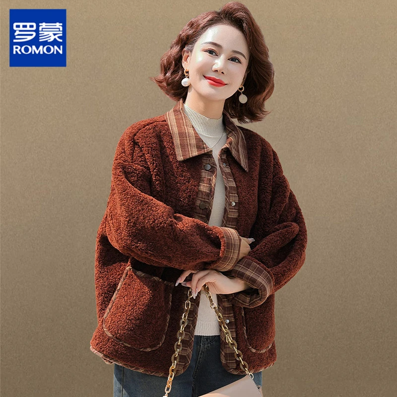 罗蒙时尚妈妈冬装羊羔绒外套加绒加厚中年女士秋冬皮毛一体上衣服