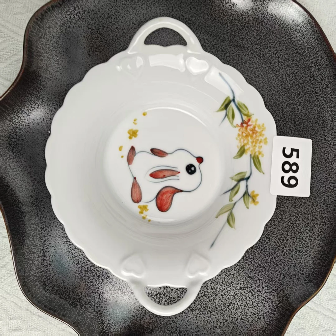 景德镇手绘釉中彩（食品级）小号爱心双耳碗花边可爱餐具陶瓷589