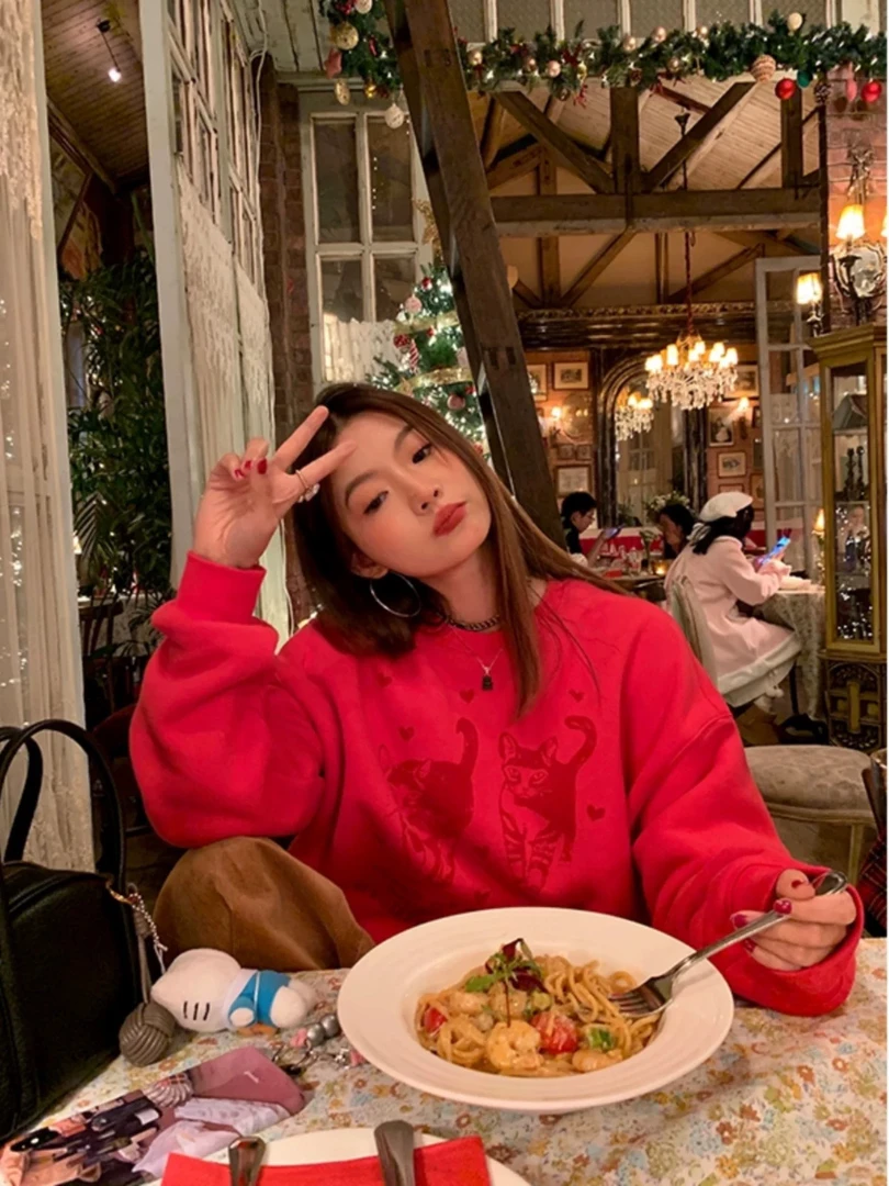 루루가− （猫咪）韩国东大门红色加绒印花卫衣女圆领套头卫衣