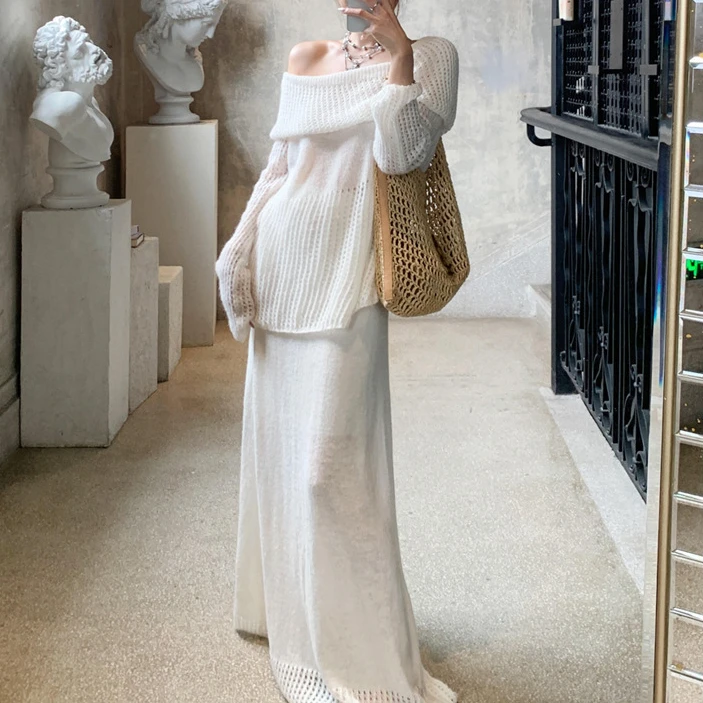 2025清透早秋露肩镂空微透露肩针织上衣套头毛衣长款半身裙两件套