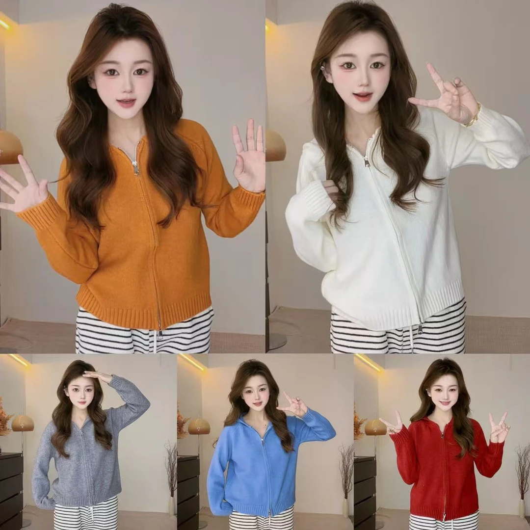 小个子连帽拉链针织开衫秋冬新款韩系宽松短款毛衣百搭显瘦上衣