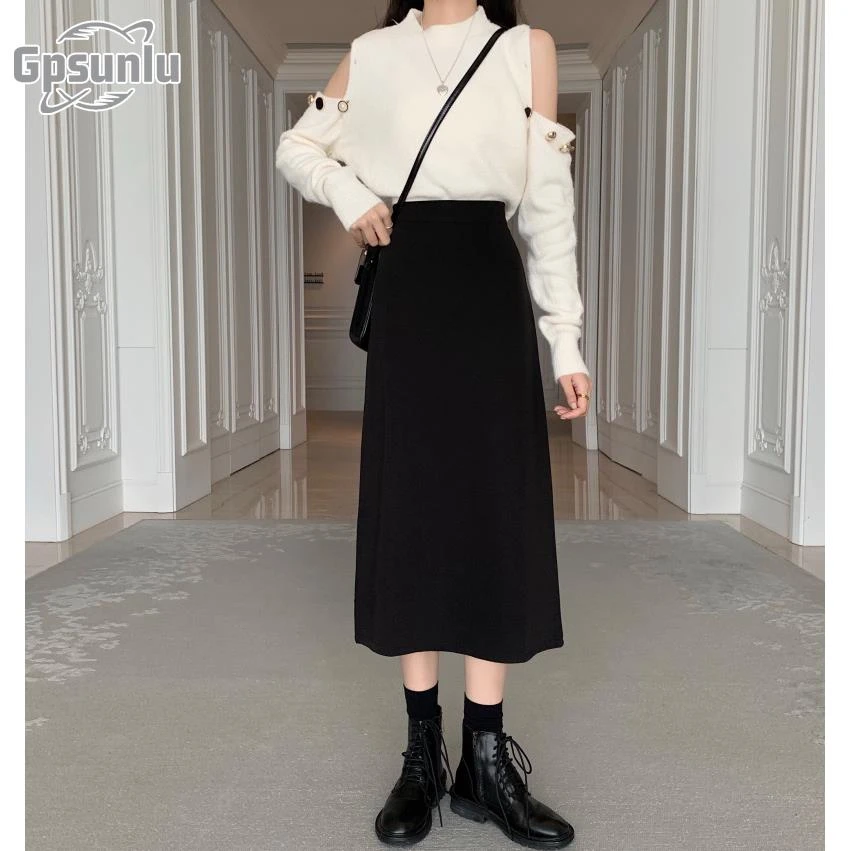 gpsunlu大码秋季新款高腰半身裙女设计感开叉显瘦中长款黑色裙子