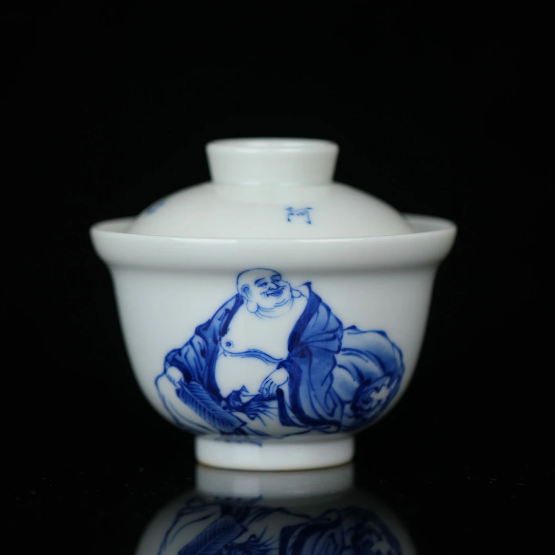 镇坤柴窑 青花人物盖碗