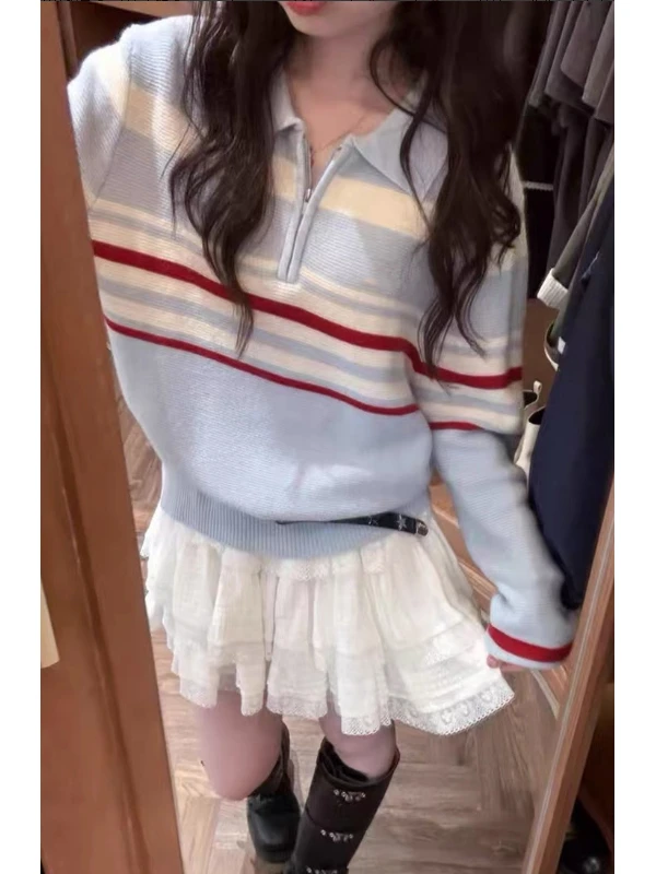 韩系早秋穿搭蓝色条纹翻领半拉链毛衣外套女秋冬慵懒风针织衫上衣