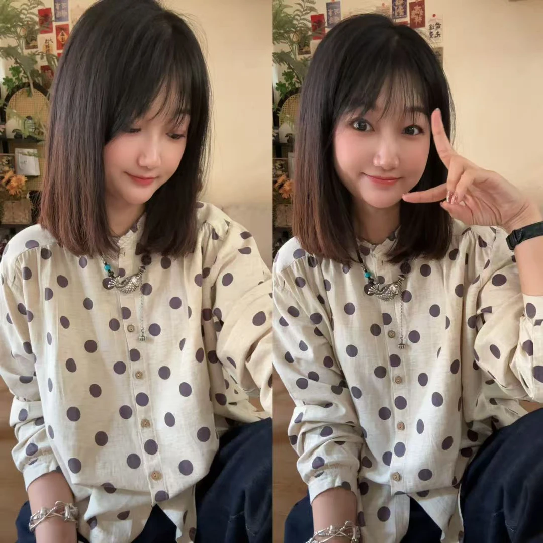 【珍珠奶茶】早秋新款 时尚洋气百搭复古高级花边领波点衬衣