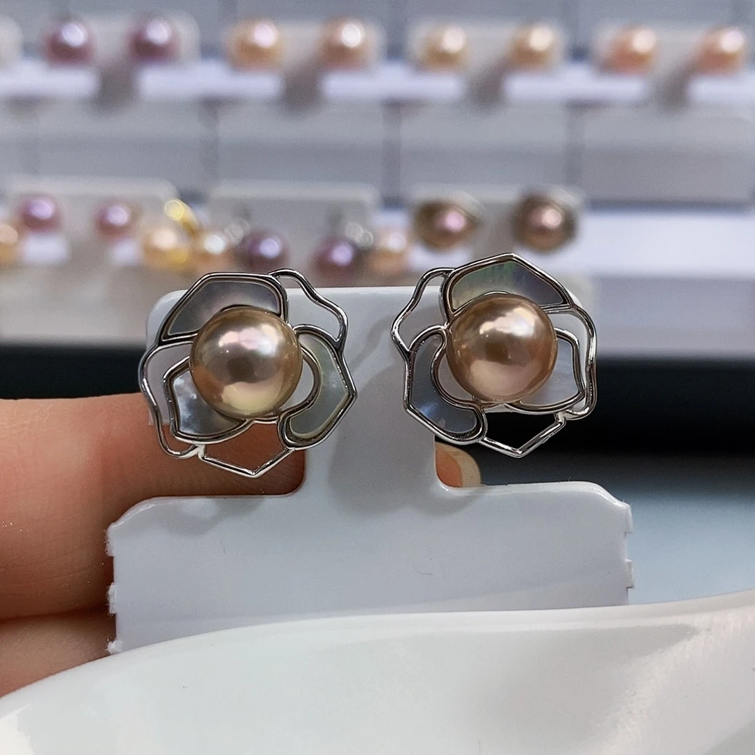 银S925镶嵌福利单正圆极光奶油金设计款耳环8mm淡水珍珠