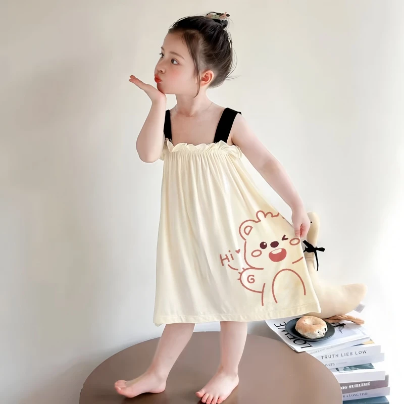女童凉感睡裙冰丝莫代尔睡衣2025夏季薄款儿童背心裙大童母女同款
