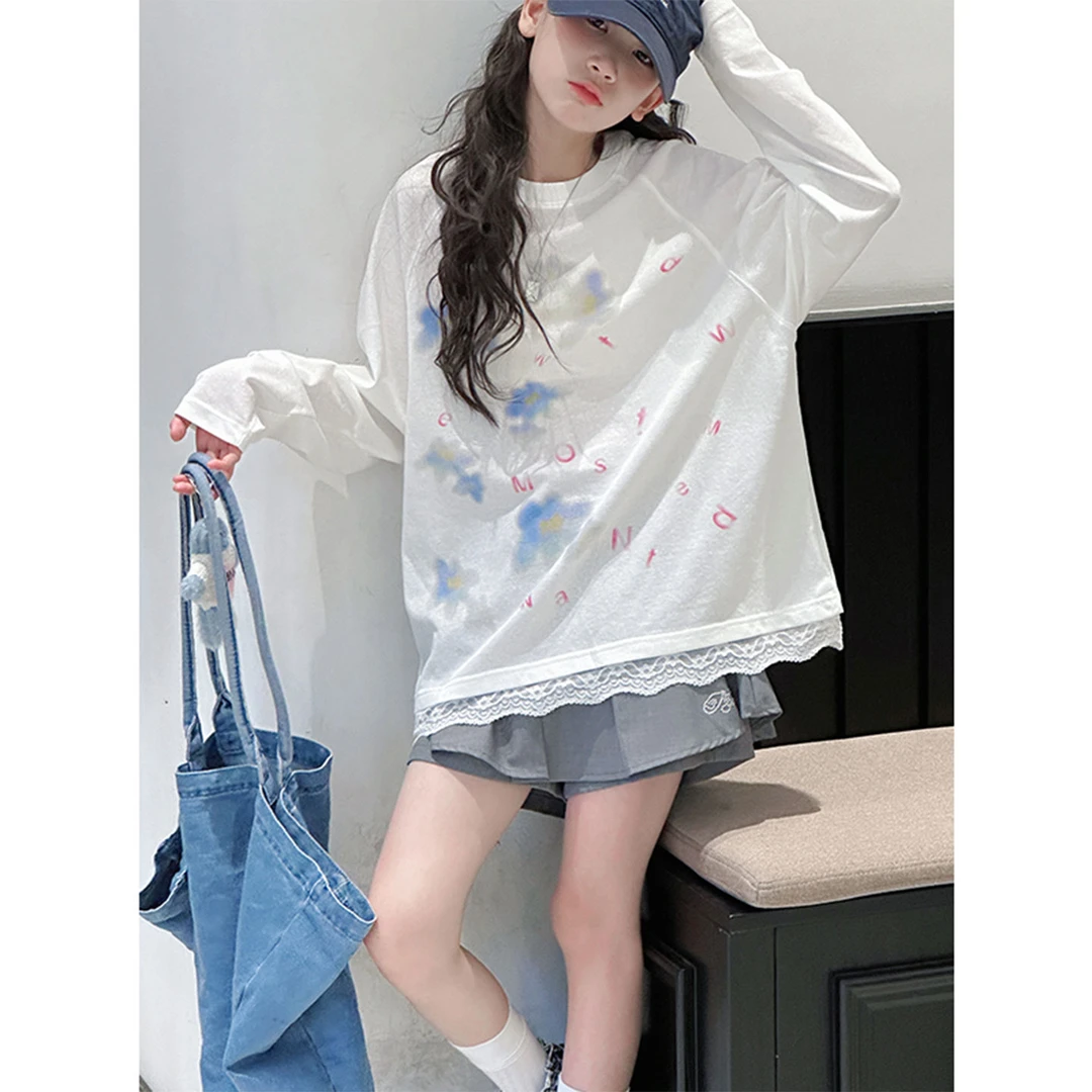 K28524孙小美花边晕染女童长袖T恤秋装新款儿童春秋打底衫