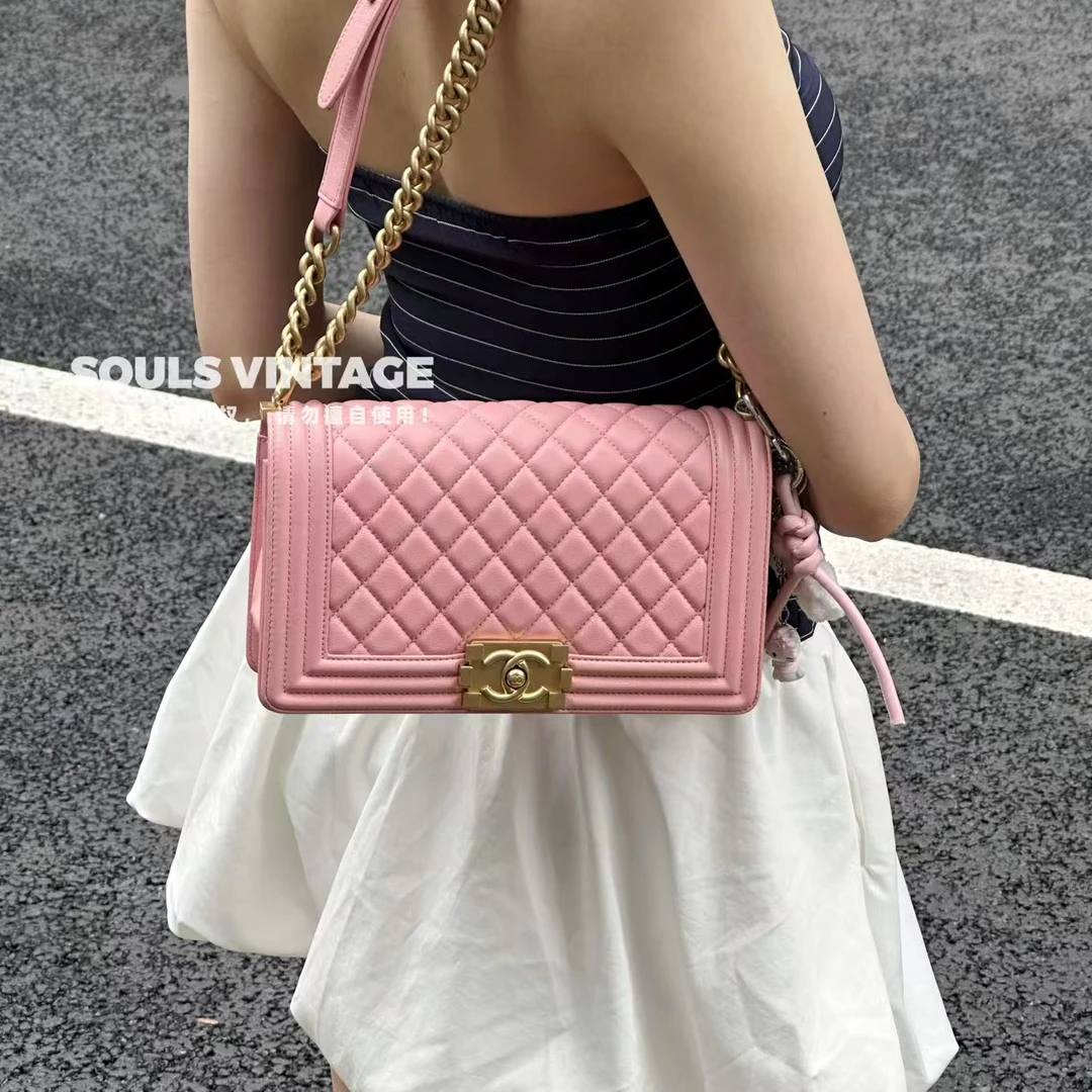 95新 Chanel/香奈儿 Chanel 粉金荔枝纹牛皮leboy 中号/645396938