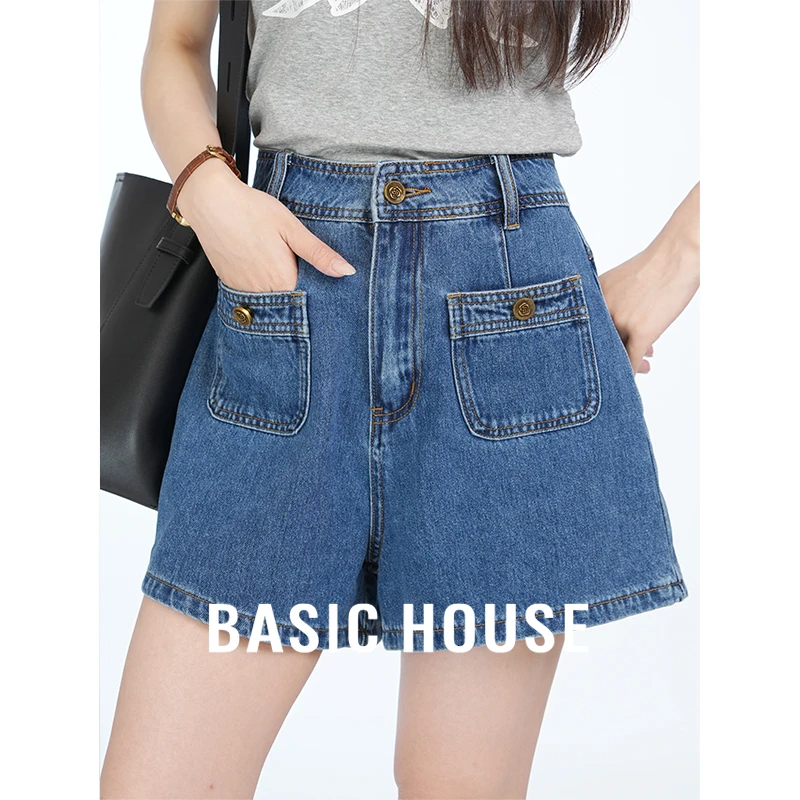 Basic House/百家好夏高腰学院风透气短裤水洗设计师女装宽松蓝色