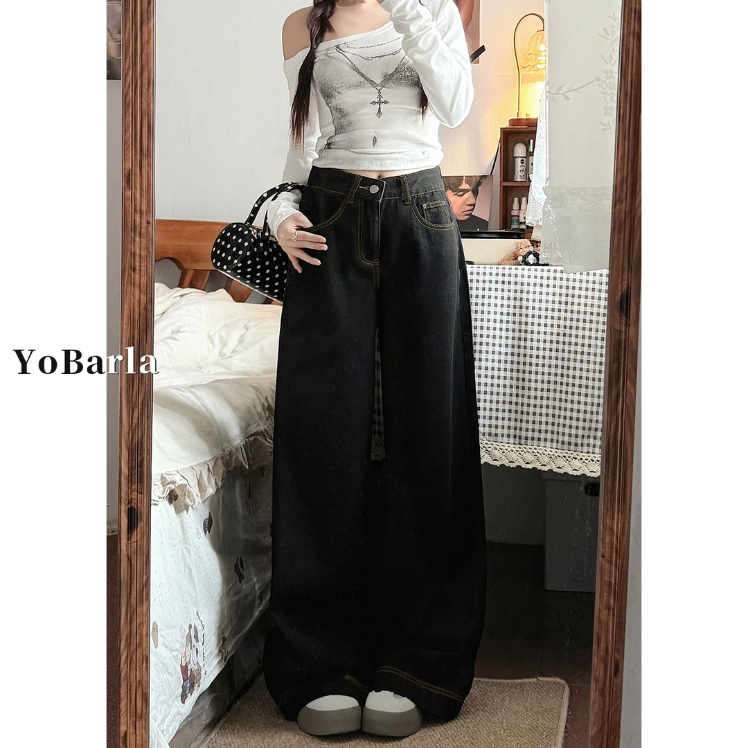 黑色阔腿牛仔裤女秋季新款大码胖mm宽松显瘦梨形身材垂感直筒裤子