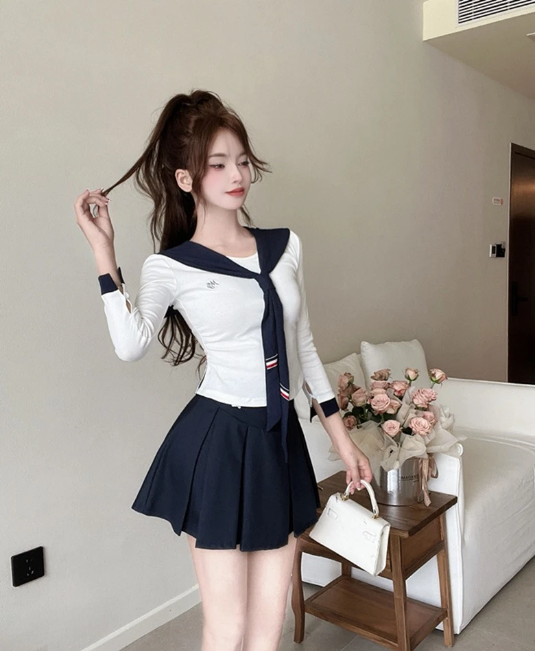 【现货】海派学院辣妹秋季修身显瘦设计感上衣内搭t恤坎肩半裙套装