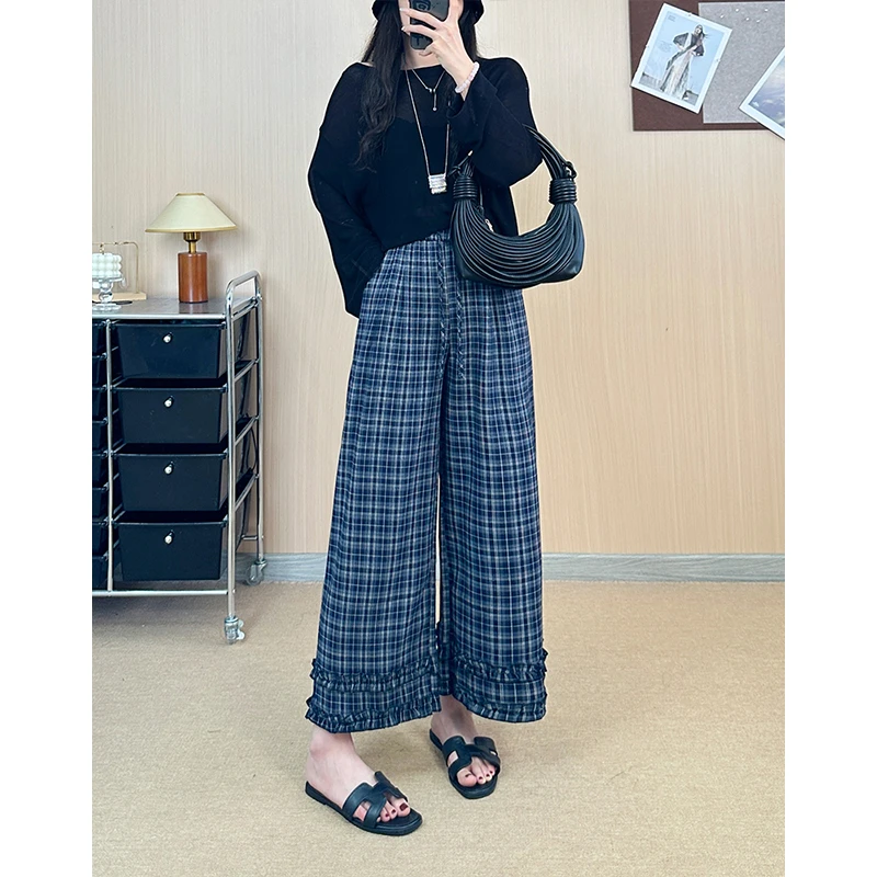 【华总高定】蓝韵•格子阔腿裤夏季薄款显瘦休闲裤棋盘格休闲