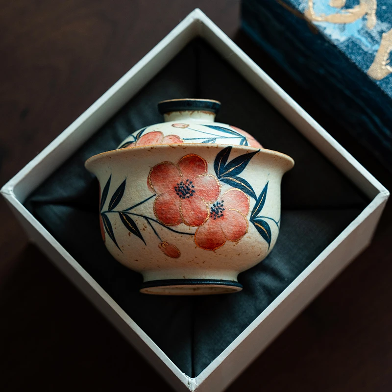 德白青花火石红纯手绘桃花二才盖碗家用复古陶瓷带盖茶碗功夫茶具