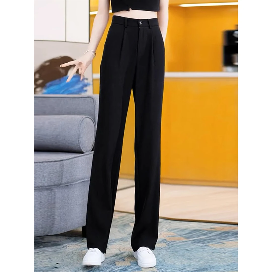 拉夏贝尔2025新款直筒裤窄版阔腿裤女夏季时尚气质高腰垂感西装裤