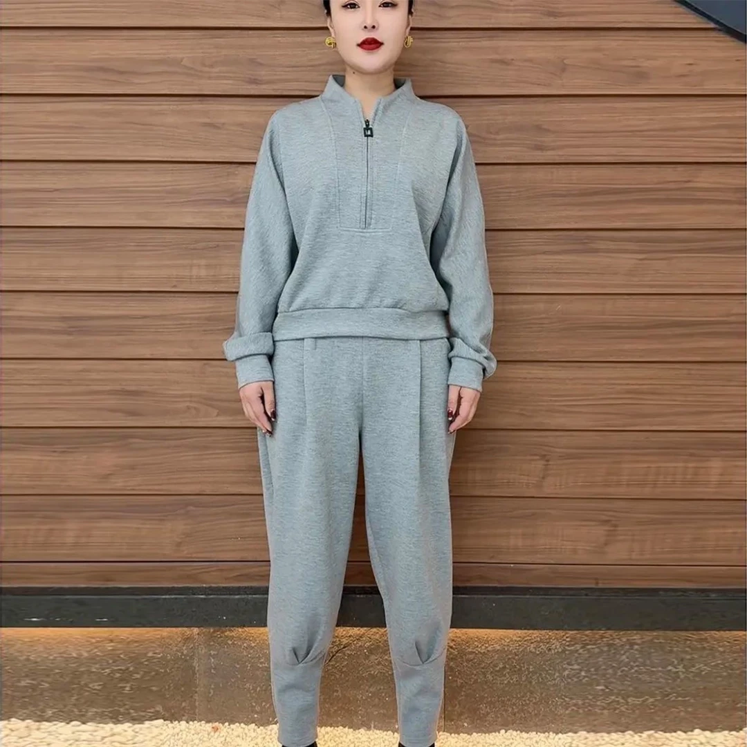 2025秋季新款时尚洋气纯色减龄妈妈套装宽松休闲拉链领运动两件套