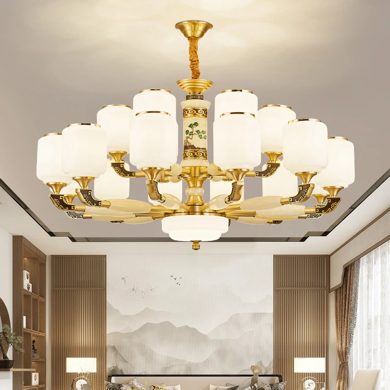 新中式全铜玉石吊灯国风禅意简约大气客厅餐厅书房茶室卧室全铜灯