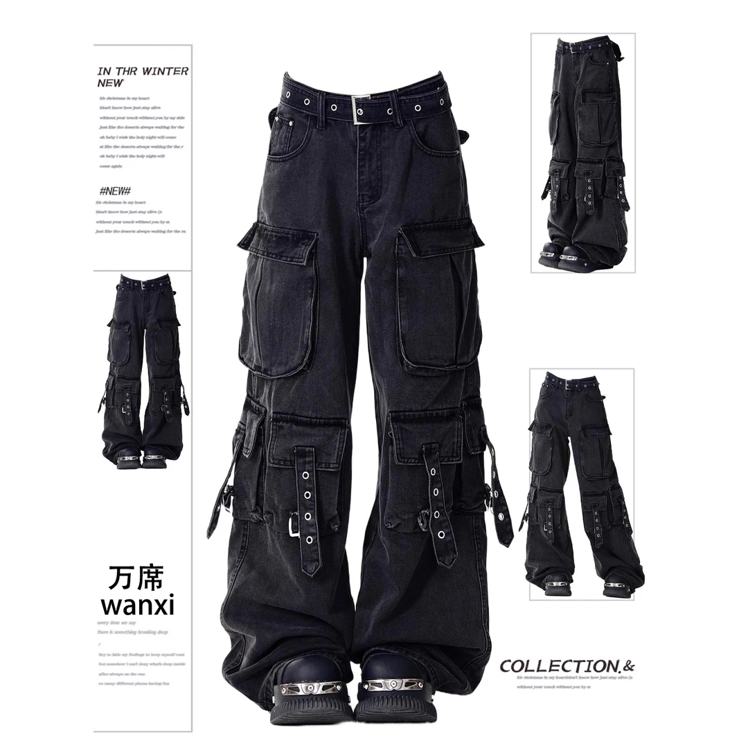 大码女装黑色阔腿工装牛仔裤女秋季新款美式裤子胖mm显瘦直筒长裤