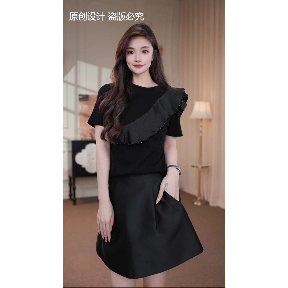 宁宁·赫本序章·春夏新款时尚圆领荷叶边洋气百搭纯色短袖T恤90872