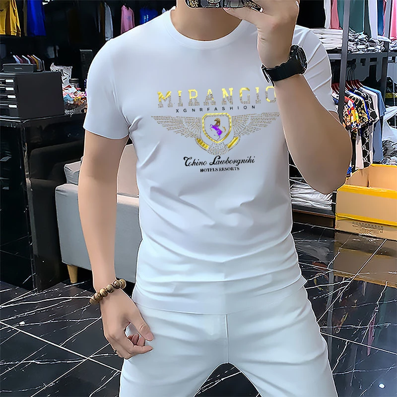 新款印花丝光棉ins半袖T恤夏季修身气场强大高级感轻奢痞帅男装