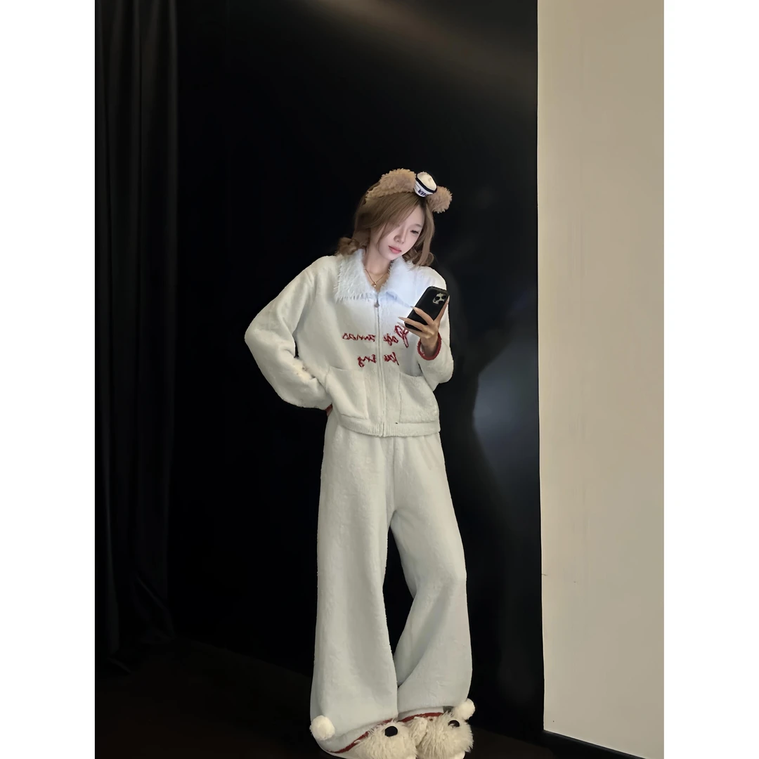 韩系慵懒感软糯针织半边绒睡衣女款秋冬季亲肤加绒保暖家居服套装