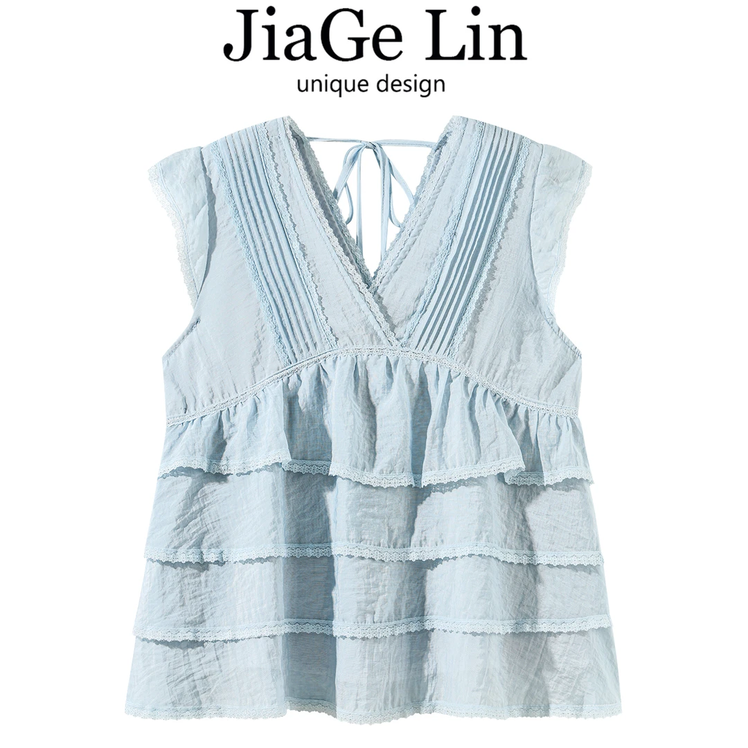 JiaGeLin韩系设计感V领小飞袖衬衫蛋糕小衫女士夏季宽松显瘦上衣