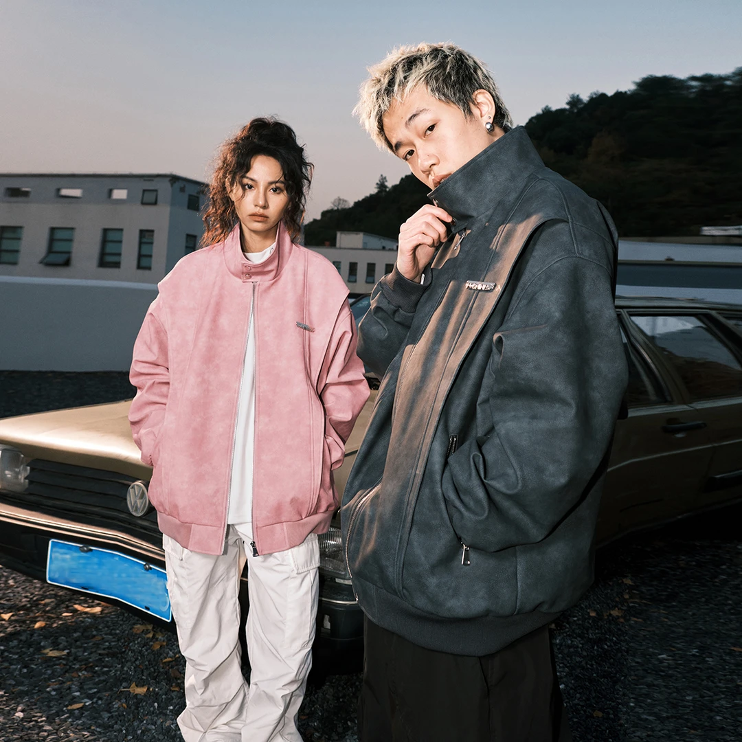 明星同款FORNINES立领皮衣男女机车服潮牌防风夹克宽松情侣外套