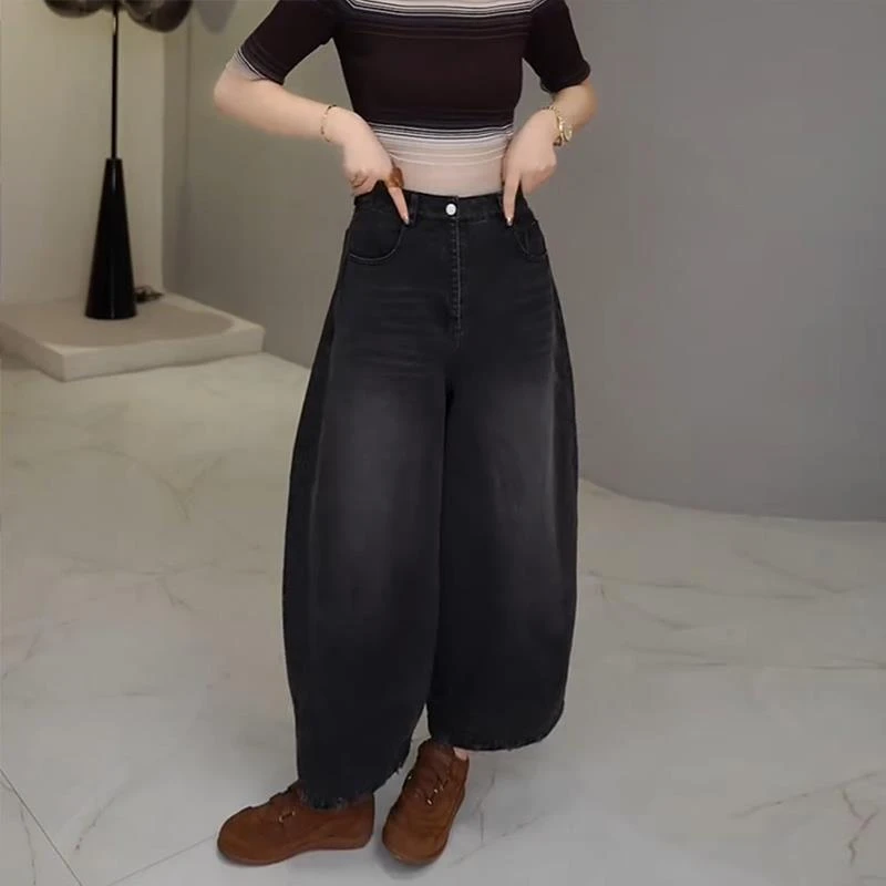 2025春秋季新款女士复古休闲牛仔裤显瘦九分裤高腰弯刀阔腿裤子潮