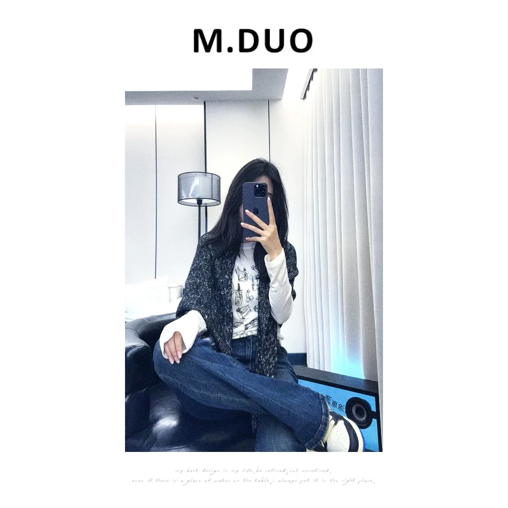 M.DUO （深圳货）时尚艺术涂鸦印花宽松短款轻薄长袖T恤3225