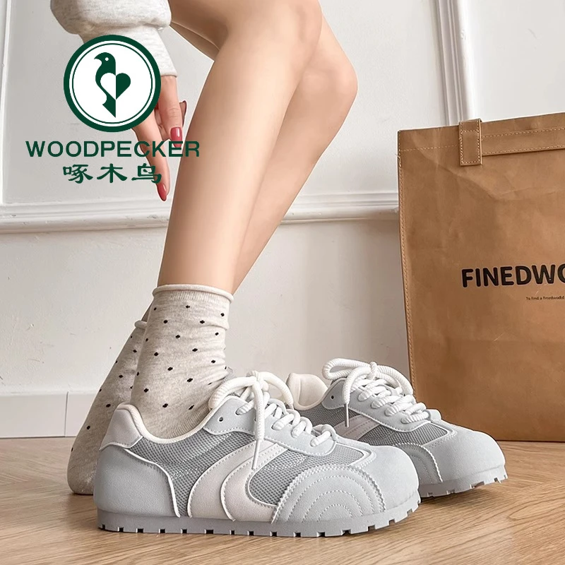 啄木鸟2025新款小众复古德训鞋女圆头百搭春透气薄底运动平底板鞋