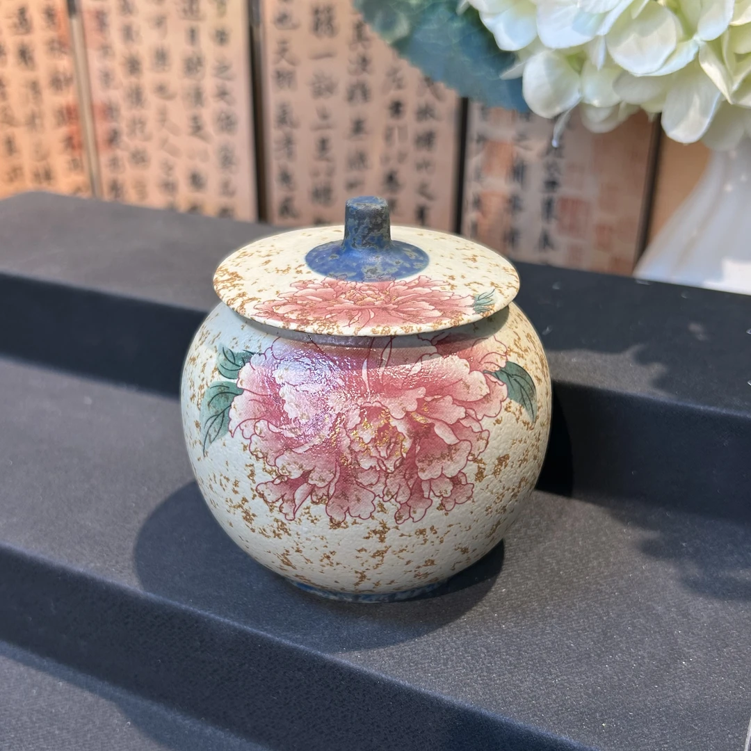 牡丹花 火石红釉茶叶罐