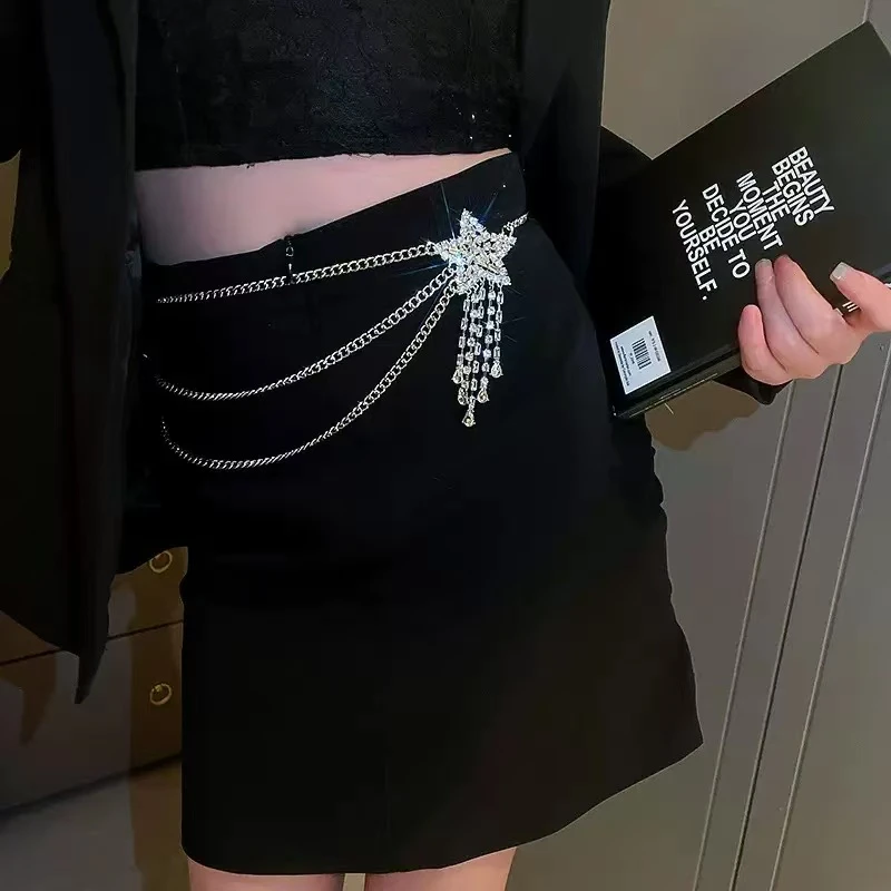 新款超闪满钻五角星多层流苏腰链女