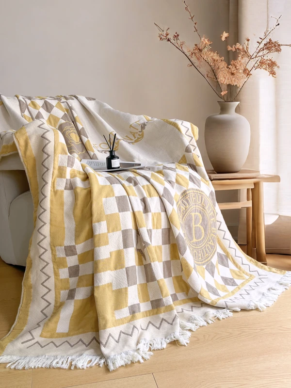 空调毯盖毯休闲薄款午睡毯色织双层纱柔软简约毯子沙发毯空调被