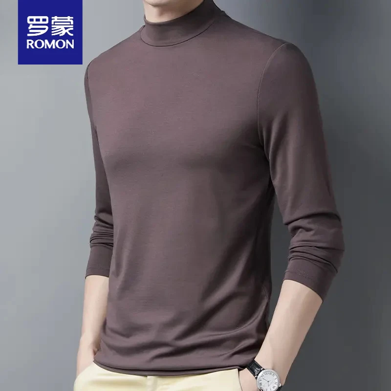 罗蒙2025春秋季新款男士含桑蚕丝长袖T恤薄款莫代尔半高领打底衫