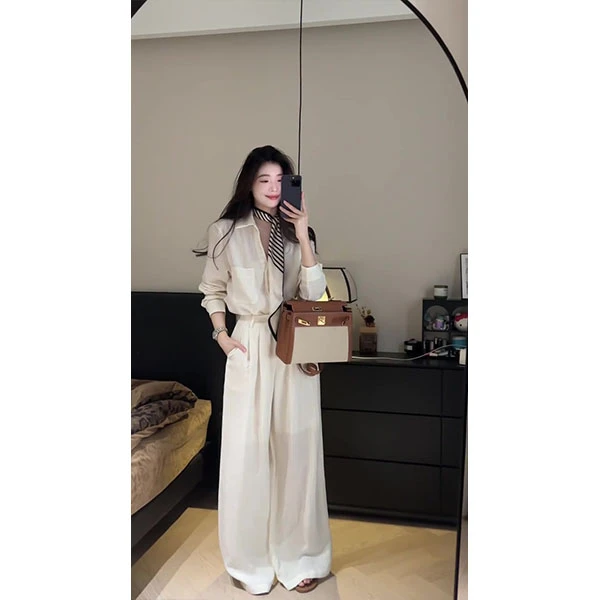 开春穿搭一整套慵懒感气质轻熟气质高级白色衬衫休闲阔腿裤套装