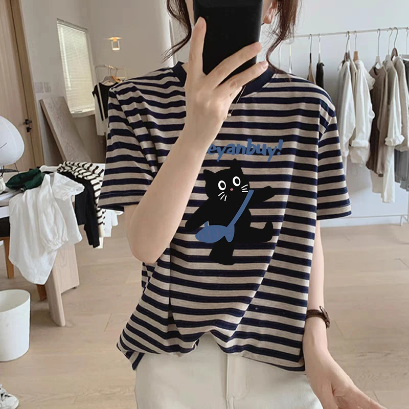 2025夏季正肩圆领条纹短袖t恤女设计感时尚百搭打底衫上衣ins潮流
