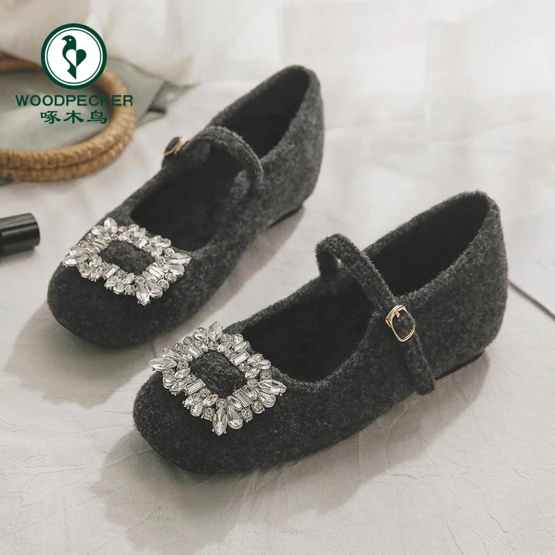 啄木鸟玛丽珍女鞋隐形增高法式配裙子毛毛鞋女外穿毛呢加绒单鞋女