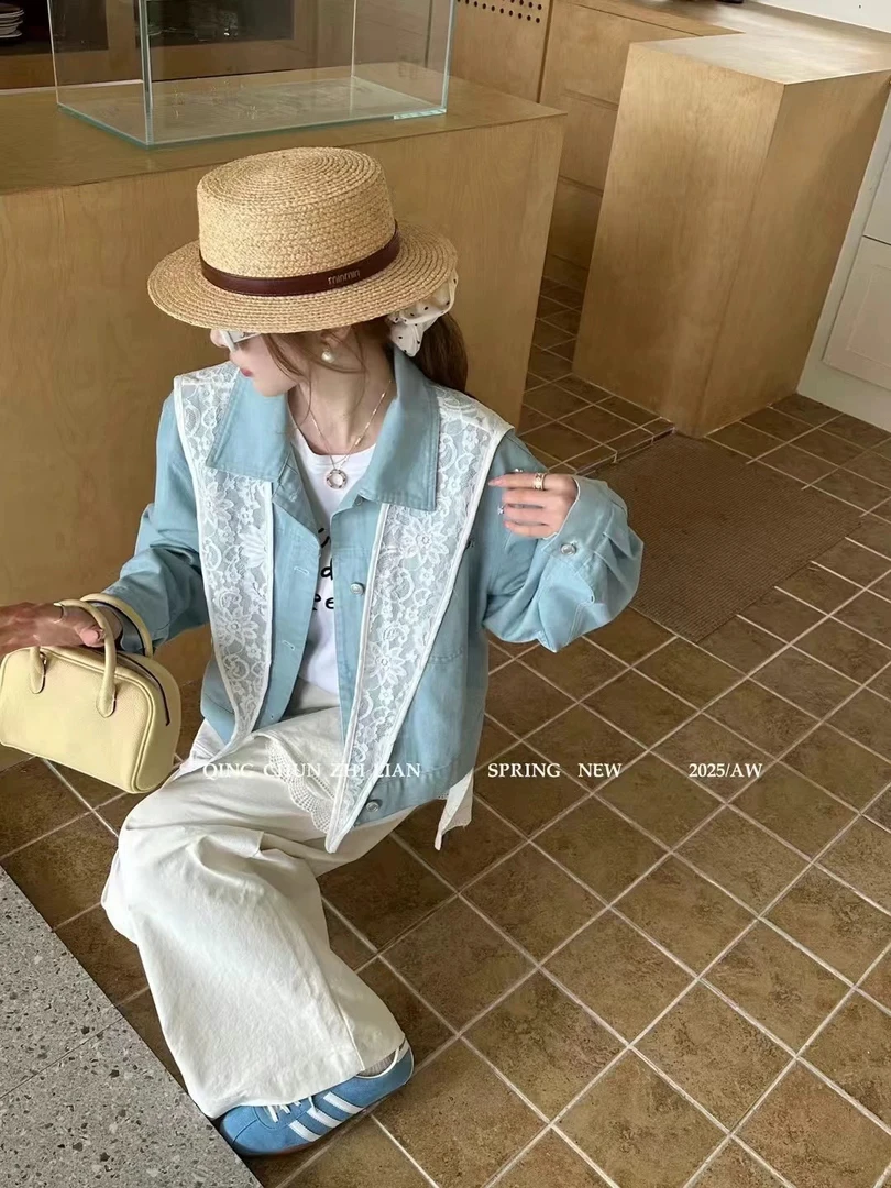 欧货学院风蕾丝披肩牛仔短韩版减龄夹克外套35