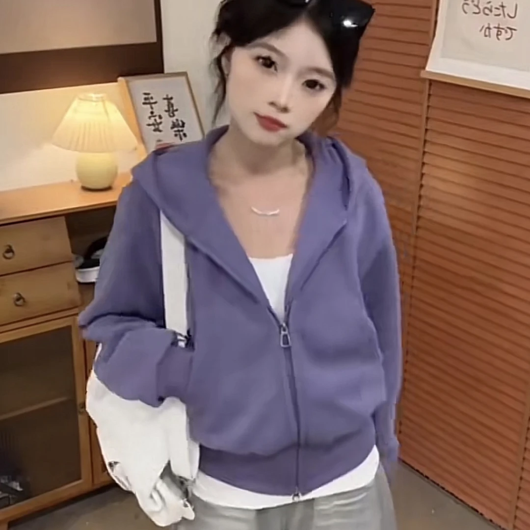 修身卫衣外套女秋小个子连帽开衫运动瑜伽短款上衣