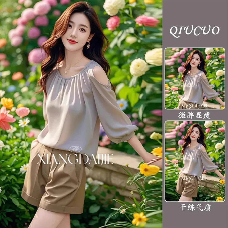 单件/仙气飘飘露肩设计感灰色雪纺衬衫显瘦宽松七分袖气质小夏季