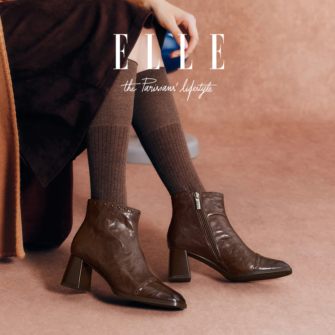 ELLE欧洲站法式复古方头短靴女2025新款妈妈高跟鞋侧拉链褶皱靴子